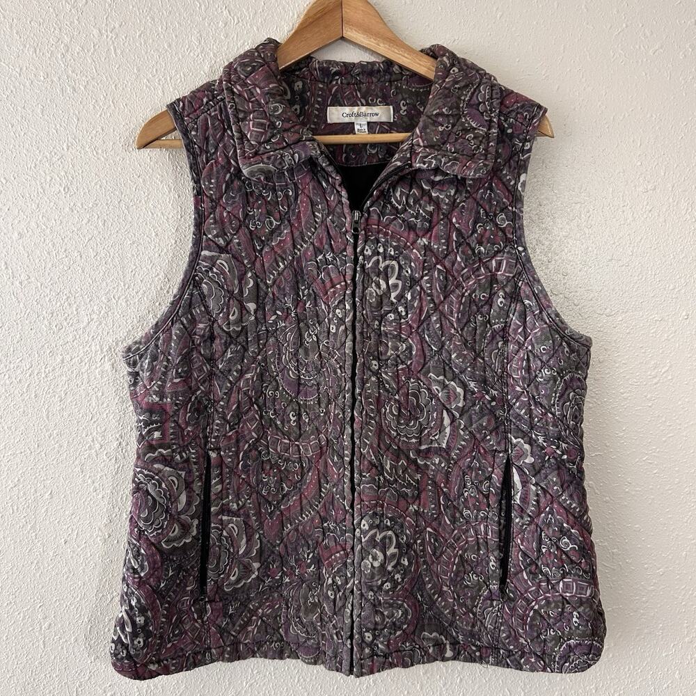 Croft & Barrow Quilted Paisley Zip Vest Purple Gray White Women L
